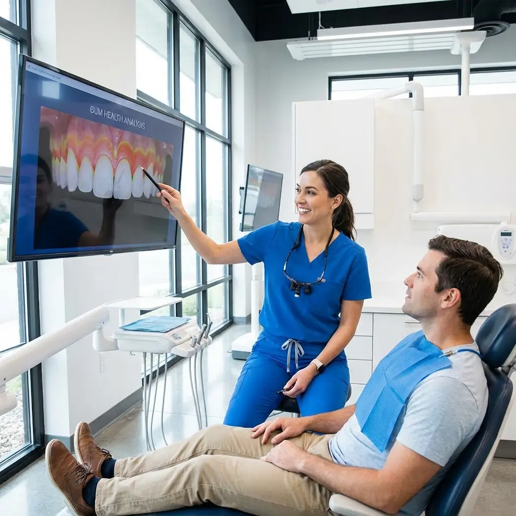 Dentist consulting with patient